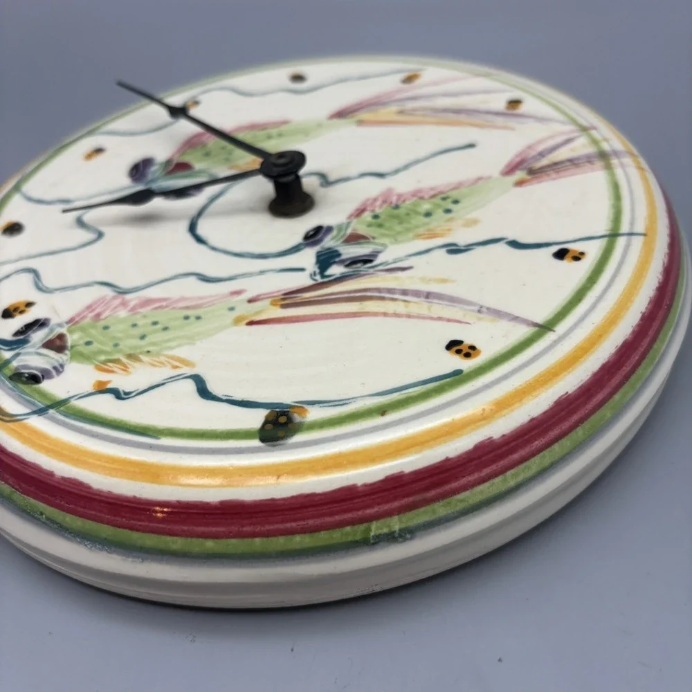 Studio Pottery Signed Wall Clock Cream With Colorful Fish WORKS!